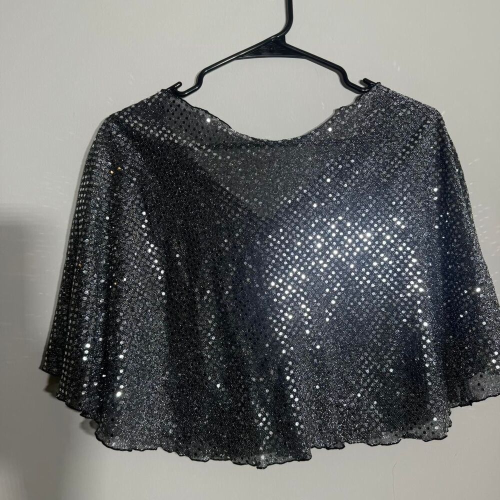 Y2K Black Silver Sequin Cape with tie detail Versatile Party Festival Accessory - Picture 7 of 8